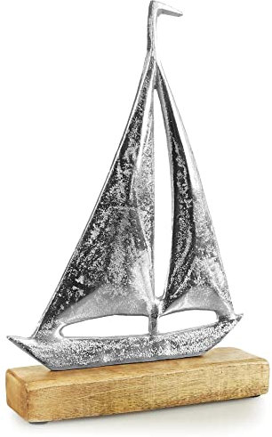com-four® Segelschiff, Segelboot - Maritimer Aufsteller - Metall-Schiff - Deko-Schiff aus Metall und Standfuß aus Mangoholz (01 Stück - Segelboot mittel)