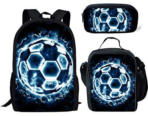Dolyues Fire Football Rucksack Kinder Kinder Schulranzen Sets Traumfänger Wolf Batikfärbung Regenbogen Isolierte Lunchtasche Set, Lightning Fußball