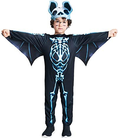 IKALI Enfants Halloween squelette chauve - souris costume garçon fille os robe mon premier costume bizarre squelette costume avec ailes chauve - souris chapeau d'oreille 3-4 ans
