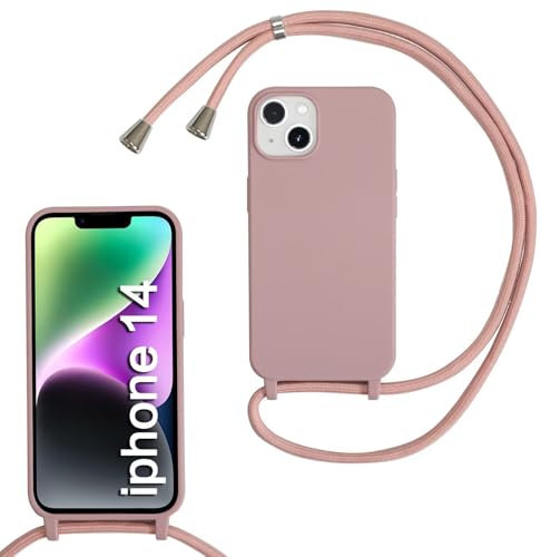 SLWYF Compatible with iPhone 14 Crossbody Lanyard Case, Liquid Silicone Protective Phone Case with Strap Adjustable Neck Cord Necklace Soft Cover for iPhone 14, Sand pink
