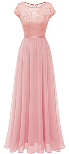 DRESSTELLS Damen Abendkleider Elegant für Hochzeit Cocktailkleid Spitzen Ballkleider Maxilang Blush M