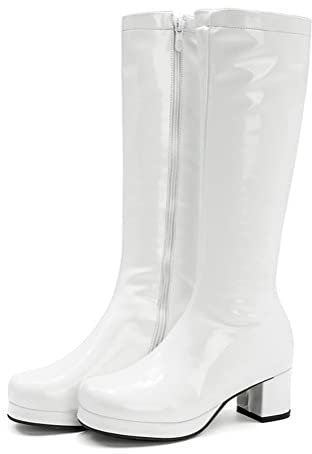 ORANDESIGNE Stivali in Vernice Donna Scarpe a Punta al Ginocchio Stivali Alti Stivali da Motociclista Moda Stivali a Punta Tonda Sexy Stivali con Tacco Grosso Autunno Inverno B Bianco 37 EU