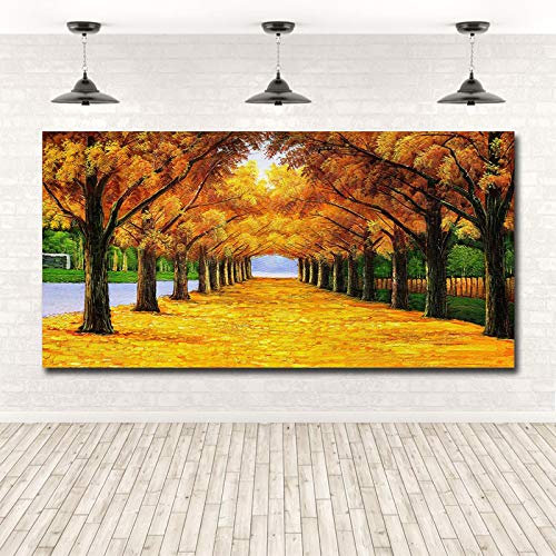 Zhadongli Art Paesaggio Giallo Dorato Soldi Albero della Vita Quadro su Tela Nordic Poster e Stampe Quadri su Tela Decorazioni per la casa 70x140cm(28x55in) Con Cornice