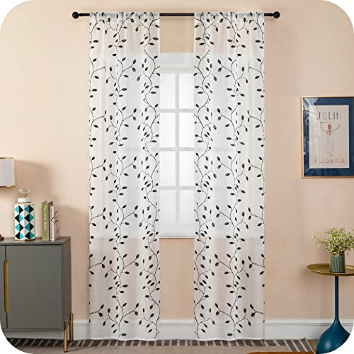 GIRASOLE HOME® Coppia Tende Filtranti in Simil Lino Fantasia Rampicanti Tenda per Porta Finestra ed Interni 2 Pannelli con Tasca e Passanti Nascosti (Nero, 70x235cm)