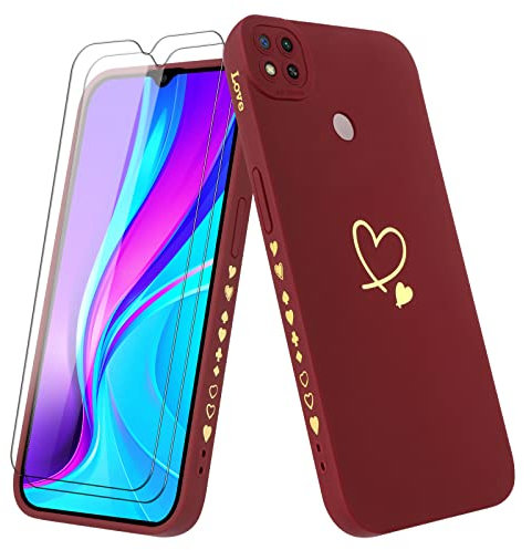 Vauki Funda para Xiaomi Redmi 9C /Redmi 9C NFC con 2 Piezas Cristal Templado Carcasa con Amor Corazón Mujer Suave Silicona TPU Antigolpes Anti-Arañazos Case para Redmi 9C, Vino Rojo