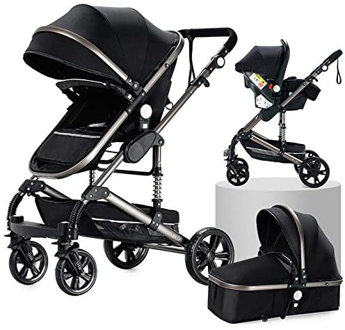 3 in 1 Kombikinderwagen 3 in 1 Reisesysteme Kinderwagen Infant Hochlandschaft Liegender Buggy Kinderwagen Neugeborenen Kinderwagen Faltbarer Standardkinderwagen (739 Black)