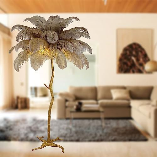 KISFWIU floor lamp,ostrich feather lamp With 35 feathers lampshade Gold resin lamp pole large standing lamp Suitable for bedrooms and living rooms 170 * 110cm (brown)