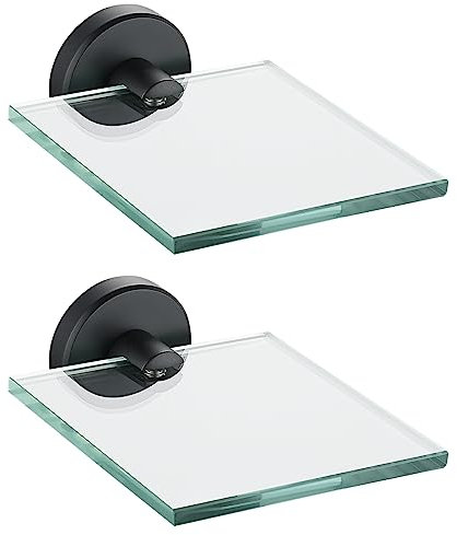 JQK Kleine schwebende Glasregale, schwarz, 10,2 cm, Display-Länder für Wand, Mini-Dekor, Wohnzimmer, Schlafzimmer, Badezimmer, Duschaufbewahrung aus gehärtetem Glas, 2 Stück, TGS101L4-PB-P2