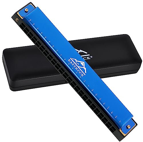 EastRock Mundharmonika 24 Löcher 48 Melodien, Mundharmonika C Tonart, Mundharmonika Mundorgel für Anfänger Erwachsene Kinder, Mini Blues Mundharmonika mit Etui und Reinigungstuch (24 Löcher, Blau)