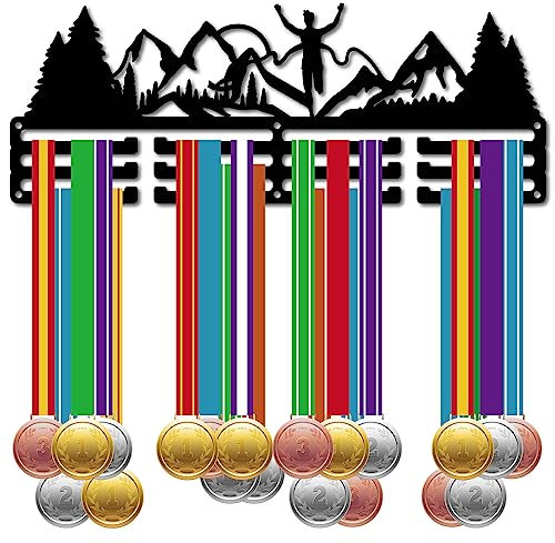 CREATCABIN Lauf-Medaillenhalter Aufhänger Medaillenständer Bergbäume Metall Regal Sport-Medaillenständer Rahmen Wandmontage Aufhängen Über 60 Medaillenaufhänger Für Marathonläufer 40x15cm Schwarz