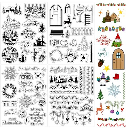 BETESSIN 4Blatt Klare Stempel Weihnachten Silikon Stempel Kinder Stempelmotive Christmas Clear Stamps Deutsch Sprüche Weihnachtsstempel für Kartenherstellung DIY Geschenk Scrapbooking Stil B