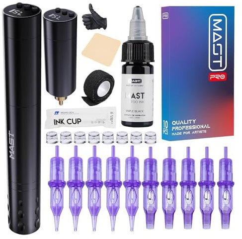 Mast Wireless Tattoo Kit, Tour Fly Slim Wireless Rotary Tattoo Pen Machine, Power Motor by Mcore-A, 10 Count Pro Tattoo Cartridges, Cordless 2 Batteries Replaceble for Eyebrow Eyeliner Lip (black)