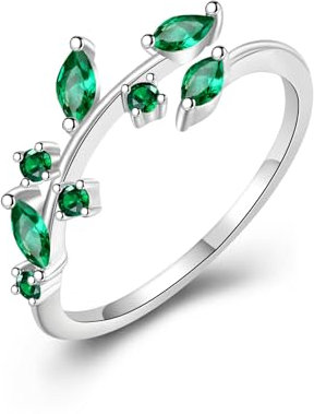 MASOP Grün Ring Frauen, Sterling Silber 925 Blatt Offener Ringe mit Grün AAA Zirkonia Blatt Verstellbar Kleine Geschenke für Damen Frauen Freundin Mädchen Schwester Mutter