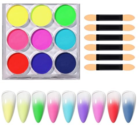 U-Shinein Colourful Nail Powder, Colour Gradient Nail Powder, 9 Color Nails Neon Nail Powder, Nail Pigment Powder with Sponge, Glitter Nail Powder for Nail Art Nail Designs, 02