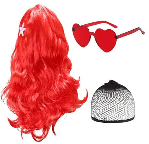 TSHAOUN Lange lockige Haar Perücken Frauen, Meerjungfrau Kostüm Rot Perücke mit Brille Haarnetz, Kinderperücke Prinzessin Fancy Dress Up Für Damen Kinder Perücke Kostüm Halloween Cosplay Party (Rot)