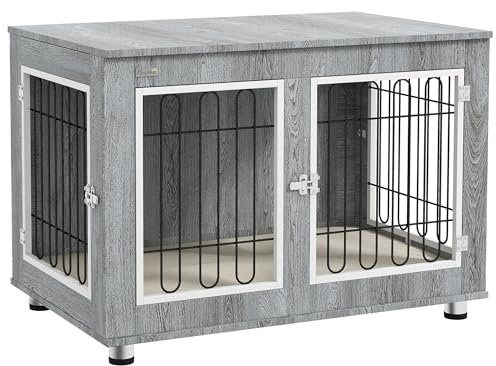 PawHut Hundekäfig Möbel mit 2 Türen Kissen 2 Verriegelungen Metall Hundebox für Zuhause Indoor Hundehütte für große Hunde bis zu 25 kg Beistelltisch Hundehaus 90 x 58 x 65 cm Grau
