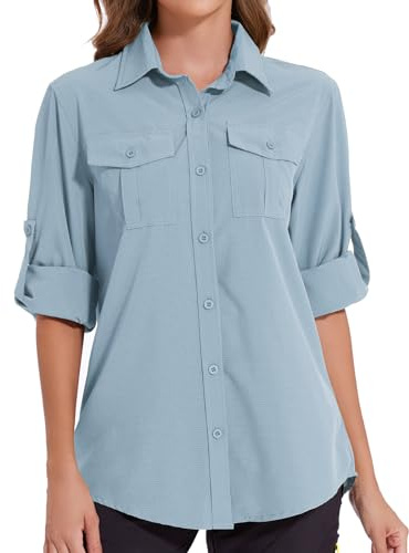 Tuopuda Blusa de Manga Larga para Mujer con Cuello en V Suelta Camisa de Secado Rápido con Bolsillos,UPF 50+Protección UV Informal Top Deportivo para Safari,Camping,Viajes