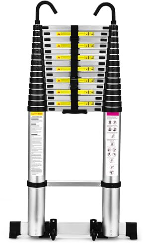 HBTower 6,3m Teleskopleiter Aluminium mit Haken, Leichte Ausziehleiter, Leiter Ausziehbar, klappbare Leiter für Dachböden, Caravans, 150kg Tragfähigkeit, Silber