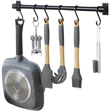 Black Aluminum Utensils Holder,Rack Wall Mounted,Kitchen Rail Pan Hanger with S Hooks for Hanging Kitchen Utensil,Bathroom Gadget Drilling or Self-Adhesive Installation Options (40cm)