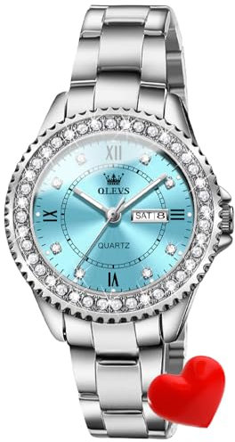 OLEVS Damen-Armbanduhr luxuriös Kristall Diamant formeller Edelstahl wasserdicht analog Quarz Datum leuchtende Uhr