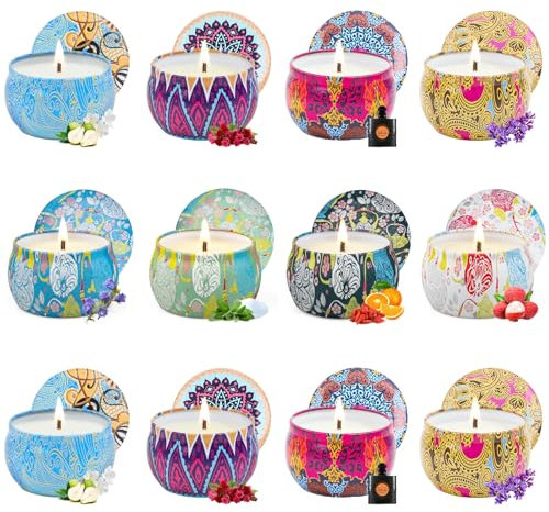 Juego 12 PCS Velas Aromáticas Cera Soja, Velas Perfumadas Ideal, Regalo Mujer Juego de regalo Velas para el Hogar Vela de Viaje Velas Decorativas Regalos Originales Lavanda Rosa Fresia Salvia Lichi