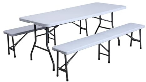 Neo Indoor Outdoor Garden Plastic Folding Table Bench Chairs Set Portable Party Picnic BBQ Camping Metal Frame