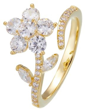 Kokoma Rotating Flower Wrap Finger Ring Spinner Ring for Women Sparkling Crystal CZ Floral Open Statement Ring Fidget Anxiety Ring Eternity Promise Rings Band