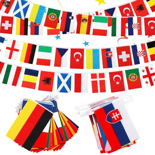 Powmag Drapeaux Euro Guirlandes, 2 Pièces Guirlande de Drapeaux du Monde, guirlande decoration, Drapeau Olym-pique 21x14cm, pour Intérieur, Extérieur, Bar, Jardin, Party Decorations
