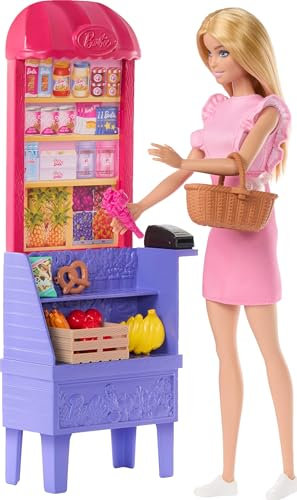 Barbie and Teresa Recipe for Friendship Barbie Malibu en el mercado Muñeca de moda y conjunto de juego con 11 accesorios, incluido un puesto de mercado y comida, JCT05
