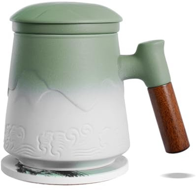 ZENS Tea Infuser Mug with Lid, 450 ML Embossed Ceramic Tea Cup Tea Strainers for Loose Tea Diffusers, Wood Handle Tea Infuser Mug with Coaster for Women Tea Lovers Gifts, Tea Steeper Accessories