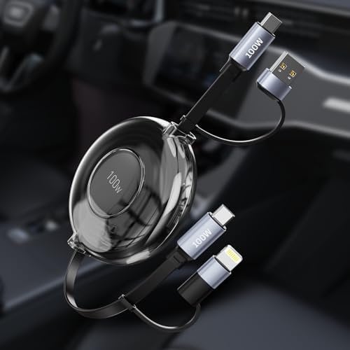 Opluz Multi Charging Cable 100W, Retractable Phone 15 Charger Cord USB Type C to IOS Cable Retractable Charger 2 IN 1 Fast Charging Cable for Car Coiled USB C Cord for Phone 15/14/Galaxy
