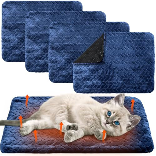 Drydiet 4 Pack Self Heating Cat Pad 16 x 20 Inch Self Warming Cat Bed Non Slip Warm Dog Pad Mat Washable Pet Kennel Pad Crate Bed Mat Removable Cover Cat Blanket for Indoor Outdoor Pets(Navy Blue)