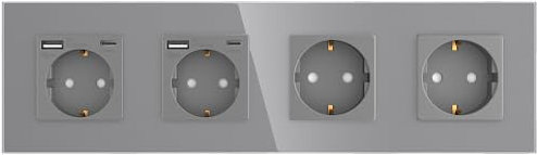 PULSAR Steckdosen mit USB Anschlüssen 4 Fach Schuko-Steckdose Glas mit USB Typ A Typ C Unterputz Steckdose Grau mit Kindersicherung Flache Wandsteckdose Mehrfachsteckdose mit Steckdosenblende