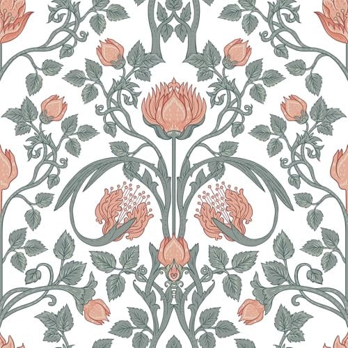 VEELIKE Carta da Parati Floreale Pesca Vintage Carta da Parati Adesiva Muro Fiori William Morris Art Nouveau 44,5 cm x 300 cm Carta Adesiva per Mobili Fantasia Botanico Rosa per Camera da Letto Bagno
