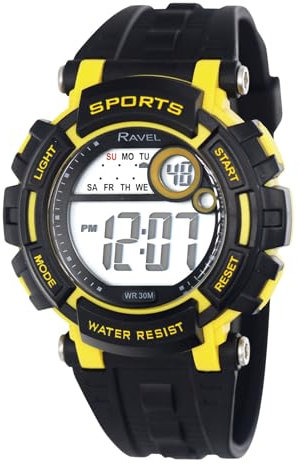 Ravel - Runde 3ATM- Digital-Herren-Quarz-Armbanduhr mit Beleuchtung - RDG.14.18 - Schwarz/Gelb