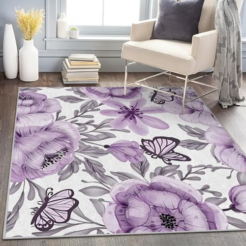 buyluhn Waschbar in Waschmaschine Wohnzimmer Teppich Blumenschmetterling 60x180 Kurzflor Teppich Schlafzimmer, Lila Teppich Gegend Dünn Bettvorleger Saugfähig für Jugendzimmer Jungen Mädchen