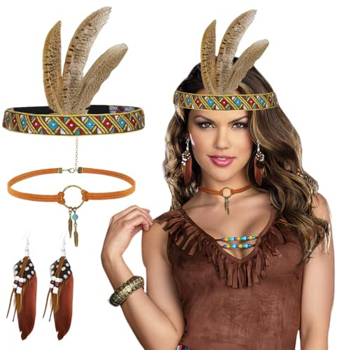 QIMMU 3 Stück Feder Kopfschmuck Damen,Feder Stirnband Damen,Boho Hippie Schmuck,Feder Ohrringe,Boho Lederhalskette,für Kopfschmuck Karneval
