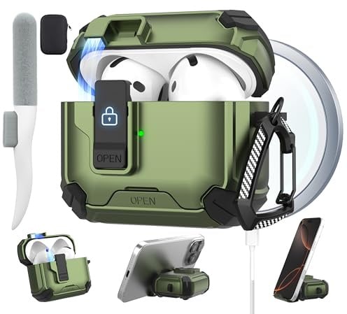 Maxjoy für AirPods 4 Hülle mit Magnetverschluss, Olivgrün | Hülle für AirPods 4 (2024) mit Reinigungsset & Handyhalter, Karabiner, Aufbewahrungstasche, Magnetisches Laden, Sturzschutz