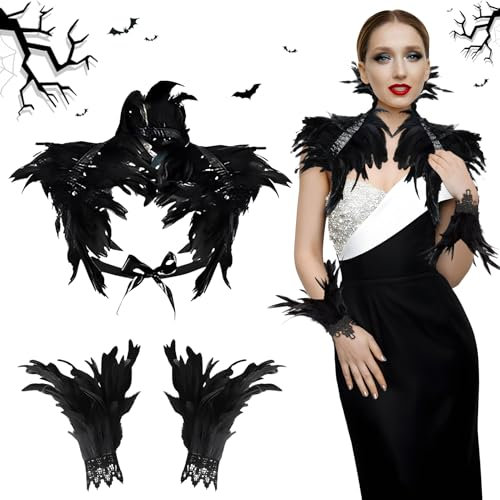 Karneval Federkragen Schwarz mit Feder Handschuhe Schwarz,Gothic Feder Achselzucken mit Feder Manschetten,Federcape,Damen Feder Umhang,Schwarzer Federumhang,für Karneval Maskerade Cosplay