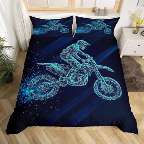 Homewish Motorcycle Bedding Double Bed Set for Teenage Boys, Neon Motocross Duvet Cover Microfiber, Dirt Bike Extreme Sports Theme Bedding Sets 3Pcs, Fashion Dark Blue Quilt Cover, 200x200cm