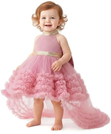 Lito Angels Robe en Tulle Fille avec nœud au Dos | Jupe tulle superposée, ourlet asymétrique, dentelle dorée, col montant, nœud au dos, Mariage, Baptême, Anniversaire, Noël