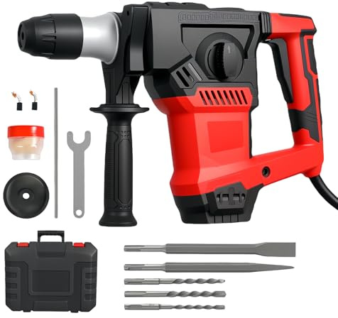 Traderight 1500W SDS Plus Rotary Hammer, 8J Impact Energy with 4500BPM, 4-Mode Professional Demolition Drill for Concrete, Masonry, Metal, Anti-Vibration & Safety Clutch, Includes Chisels and Case