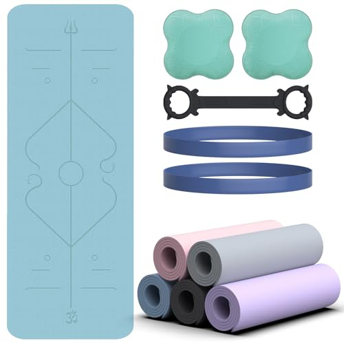 Soontrans Yoga Matte 183x68CM, Yogamatte Rutschfest 8 mm Dicke, TPE, Gymnastikmatte mit Widerstandsbänder, Kniekissen, Expander, Sportmatte Fitnessmatte Trainingsmatte Pilates Matte (Blau)