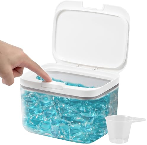 HZUIZXYO Automatic Pop-Up Dishwasher Pod Holder,20x16.6x14cm Large Capacity 2.8L Sealed Washing Powder Storage Case with Measuring Cup for Laundry Room for Detergent, Scent Booster Storage (2.8L)