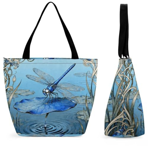 VIDI Dragonfly Water Lily Shopping Bag for Women Shoulder Bag Reusable Grocery Bags Tote Bags for Work, Beach, Travel