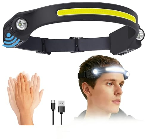 Gntodebj LED Stirnlampe Wiederaufladbar, Wasserdicht COB Kopflampe Dimmbar mit XPE Seiten-LED-Spot und Bewegungsgesten-Sensor für Adventure, Joggen, Camping, Angeln