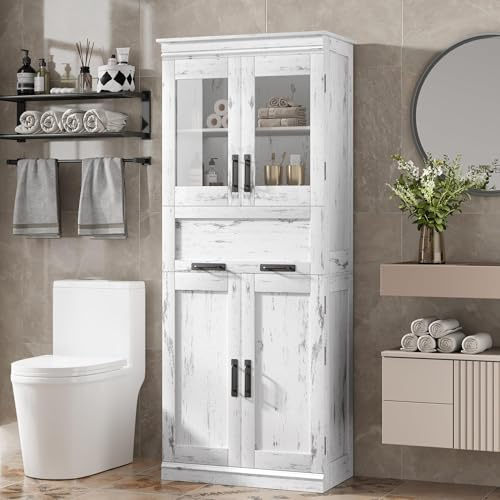GarveeMore Armario de Baño Estilo Clásico Antiguo, Premium Ancho, Gran Almacenamiento, Ideal para Cocina, Baño y Salón. Estructura de Madera Maciza. 60 × 30 × 170 cm, Color Blanco Clásico