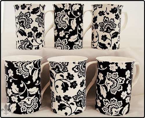fromeuropewithlove Florence Mugs Set of Six Florence Black and White Fine Bone China Mugs (Set of 6) Hand Decorated in the UK Free UK Delivery
