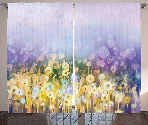 ABAKUHAUS Blumen Rustikaler Vorhang, Idyllische Pastoral Blume, Wohnzimmer Universalband Gardinen mit Schlaufen und Haken, 280 x 245 cm, Gelb Lila