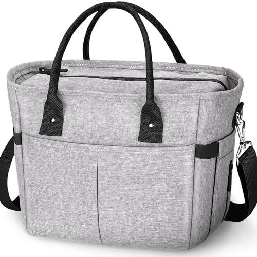 KIPBELIF Insulated Lunch Bags for Women - Large Tote Adult Lunch Box for Women with Shoulder Strap, Side Pockets and Water Bottle Holder, Gray, Normal Size